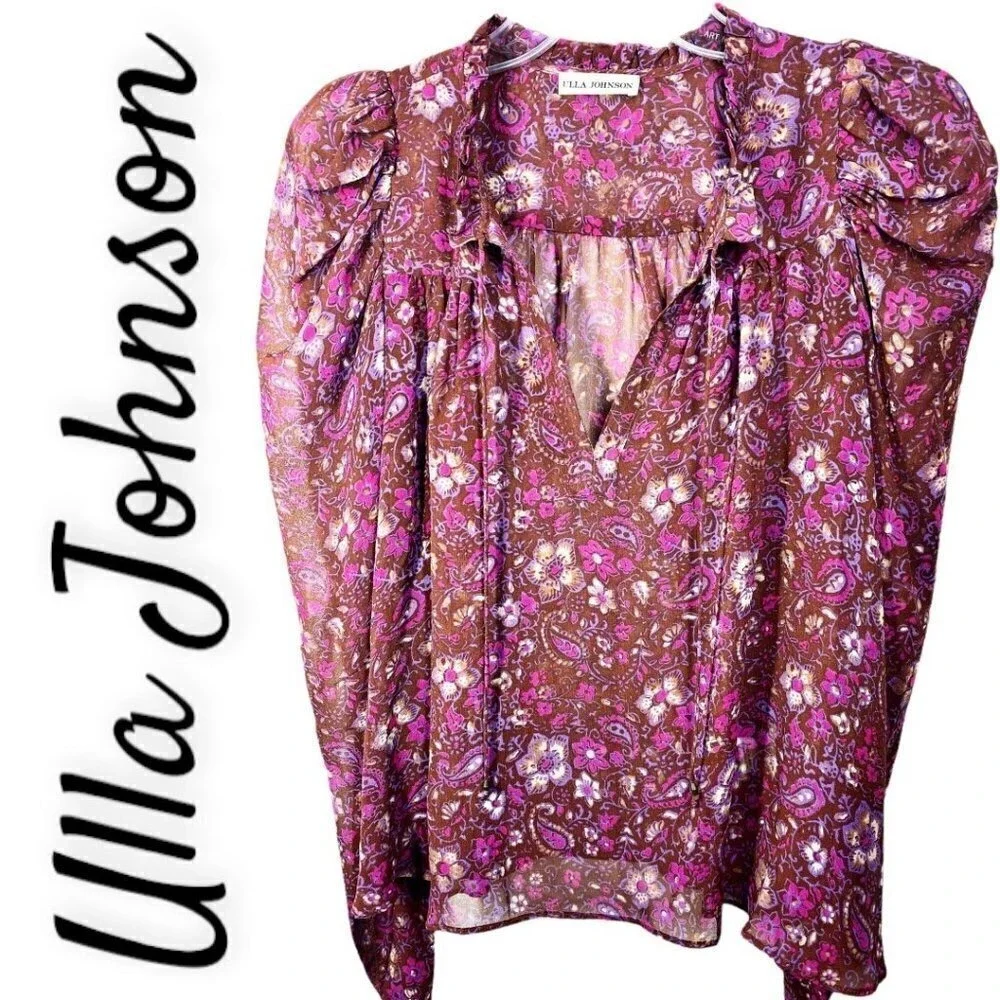 ULLA JOHNSON Renly Silk Paisley Blouse Plum Purple Boho Luxe Romantic,‎ Size 0